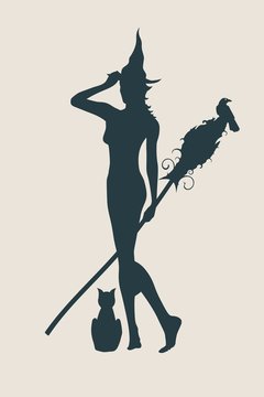 Vector illustration of standing young witch icon. Witch silhouette with a broomstick. Halloween relative image