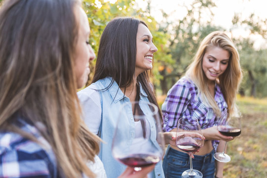 Women drinking red wine in the garden