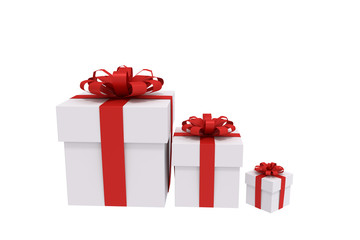 3D rendering of 3 white gift boxes with red ribbon