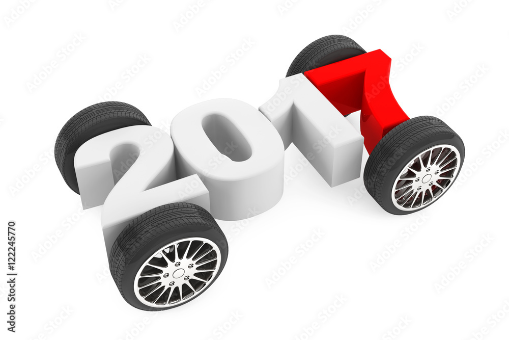 Poster 2017 year concept with car wheels. 3d rendering