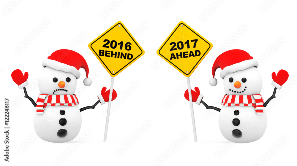 Poster snowmans with 2016 and 2017 year signs. 3d rendering