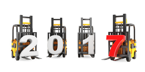 Forklift Trucks with 2017 New Year Sign. 3d Rendering