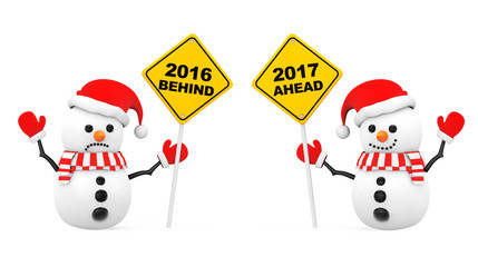 Snowmans with 2016 and 2017 Year Signs. 3d Rendering