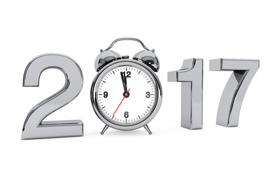 New Year 2017 concept. 2017 Steel Sign with Alarm Clock. 3d Rend