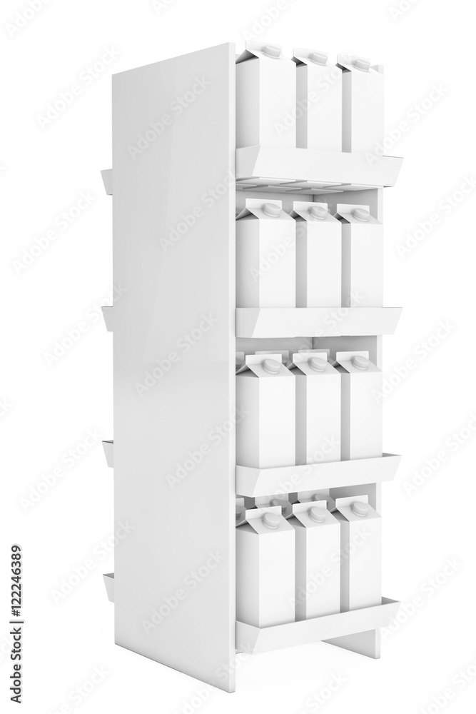 Poster blank milk or juice carton boxes in store shelf. 3d rendering