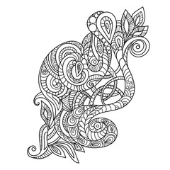 Hand Drawn Ornament with floral pattern. for coloring book for adult. Template for Greeting Card. Vector Monochrome background