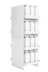 Blank Milk or Juice Carton Boxes in Store Shelf. 3d Rendering