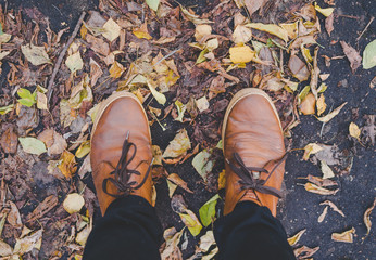 Кожаные туфли на жёлтых листьях осенью, ноги