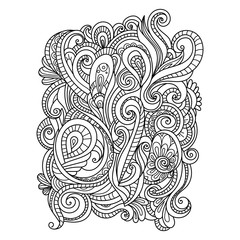 Hand Drawn Ornament with floral pattern. for coloring book for adult. Template for Greeting Card. Vector Monochrome background