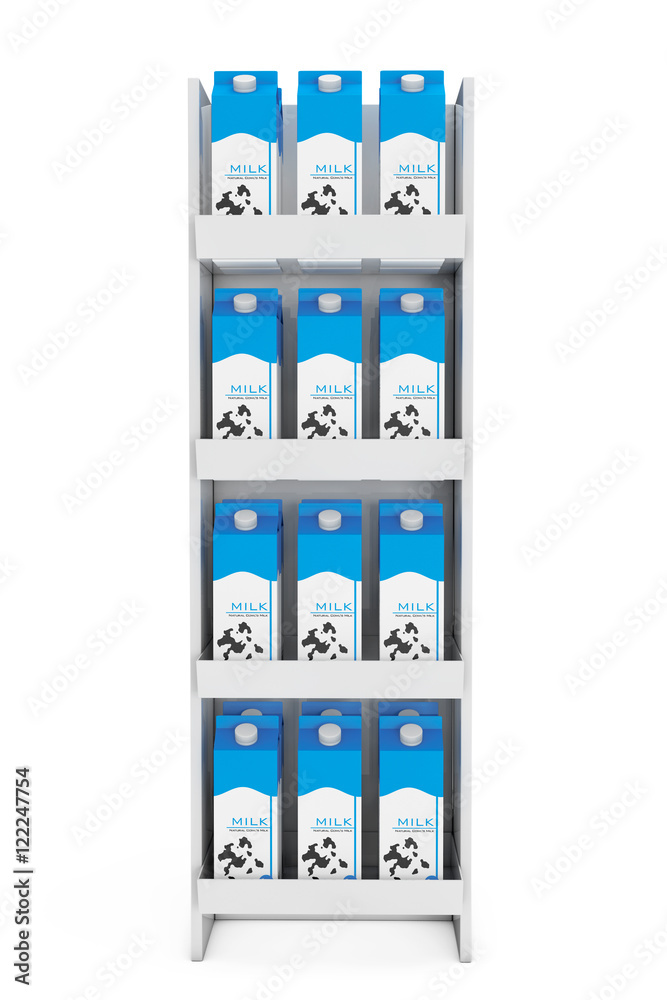 Poster Milk Carton Boxes in Store Shelf. 3d Rendering