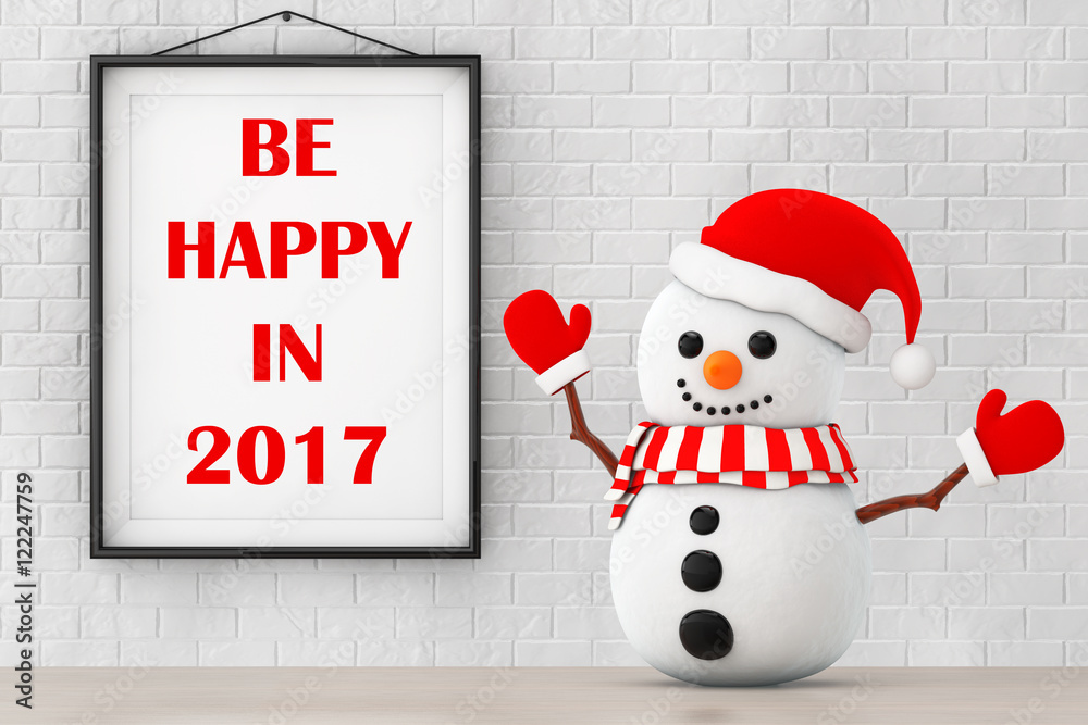 Poster snowman in front of brick wall with frame be happy in 2017 sign.
