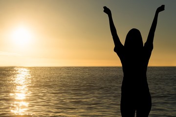 Fototapeta premium cheering silhouette on sea sunset background
