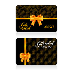 Black gift cards with golden decor feather pattern and bow