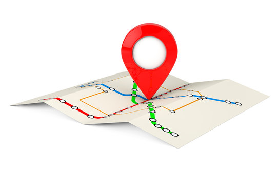 Abstract Transportation Metro or Subway Map with Red Target Pin.
