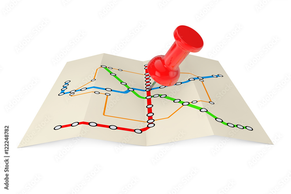Poster Abstract Transportation Metro or Subway Map with Red Push Pin. 3