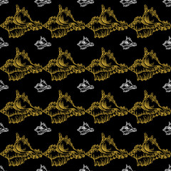 Golden sketch seashell decor seamless pattern. Vector illustration for your design