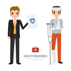 Insurance man and broken leg man with crutch and health insuranc