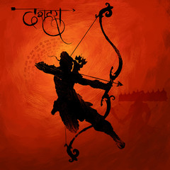 Lord Rama with arrow killing Ravana in Navratri festival of India poster with hindi text meaning Dussehra - obrazy, fototapety, plakaty