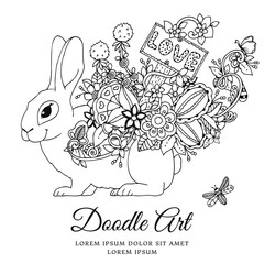 Vector illustration , hare with a pointer Love in the floral frame. Doodle drawing. Coloring book anti stress for adults. Meditative exercises. Black and white.