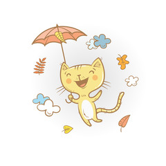 Cute cartoon cat under an umbrella. Flying kitten. Autumn season. Windy weather and falling leaves. Funny animal. Vector image. Children's illustration.