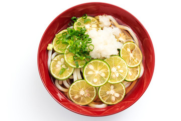 thick white noodles with sliced Sudachi