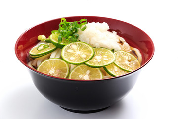 thick white noodles with sliced Sudachi