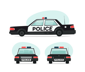 Set of cartoon police car. Isolated objects on white background in flat cartoon style. Vector illustration.
