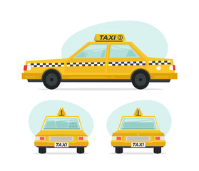Set of cartoon yellow taxi car. Isolated objects on white background in flat cartoon style. Vector illustration.