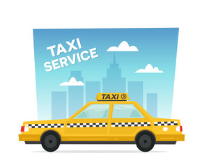 Cartoon yellow taxi service. Isolated objects on white background in flat cartoon style. Vector illustration.