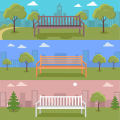 Set of Urban Cityscape with Bench in Park