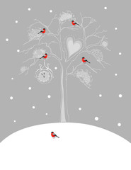 Поздравительная открытка на Новый год, Рождество. Снегири сидят на заснеженном дереве. Набросок чернилами.