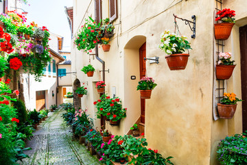 Fototapeta na wymiar Lovely street decoration with flowers - Spello village in Umbria