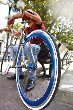 Closeup of bicycle wheel