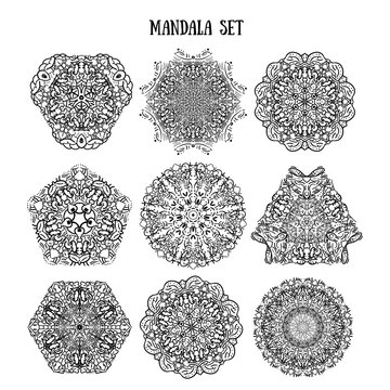 Mandala Set of ethnic ornamental patterns. Lace manala circular ornaments. Traditional Indian, Islamic, Asian, Arabic motifs. Vector illustration.