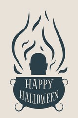 Halloween party background. Witches cauldron with human head