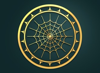 Carved stamp with spider web. 3d rendering. Metallic material. Golden seal