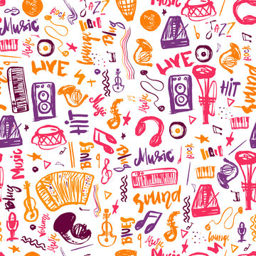 Music symbols funny hand drawn seamless pattern with   elemens and lettering.