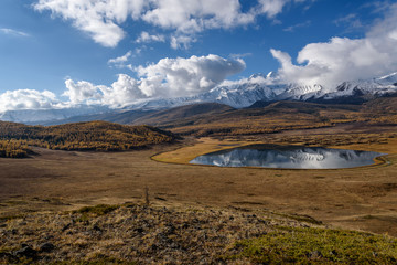 lake mountains reflection snow autumn