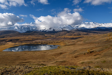 lake mountains reflection snow autumn