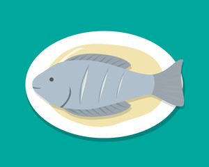 Fototapeta premium Top view Steamed Fish on white plate, vector