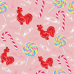 seamless pattern with lollipop red rooster symbol of the year and colored candies