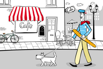 Fototapeta Spacer po Paryżu z psem na smyczy z bagietką w dłoni obraz