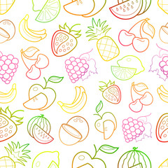 Neon line art colorful fruit icons pattern on white background