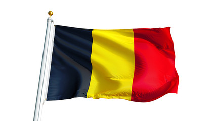 Belgium flag waving on white background, close up, isolated with clipping path mask alpha channel...
