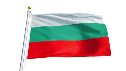Fototapeta na wymiar Bulgaria flag waving on white background, close up, isolated with clipping path mask alpha channel transparency