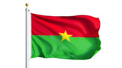 Burkina Faso flag waving on white background, close up, isolated with clipping path mask alpha channel transparency