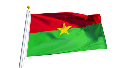 Burkina Faso flag waving on white background, close up, isolated with clipping path mask alpha channel transparency