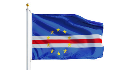 Fototapeta na wymiar Cape Verde flag waving on white background, close up, isolated with clipping path mask alpha channel transparency