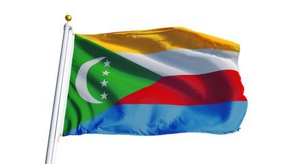 Comoros flag waving on white background, close up, isolated with clipping path mask alpha channel transparency