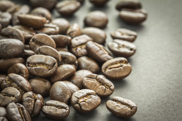 Close up of roasted coffee beans, selective focus